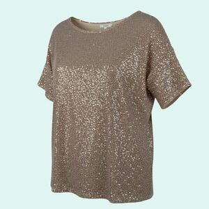 CHERISH Women's Top Iridescent Sequin Beige Dolman Sleeve Sparkle Blouse